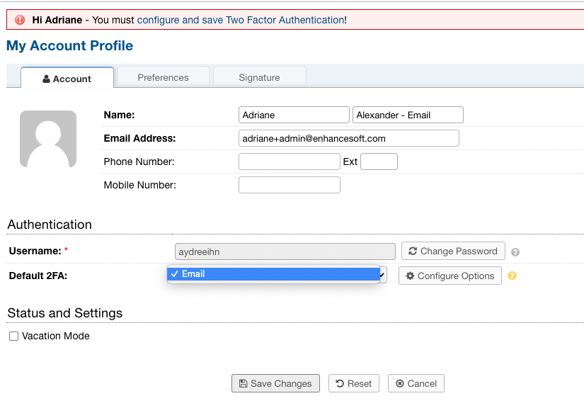 Choose Default 2FA